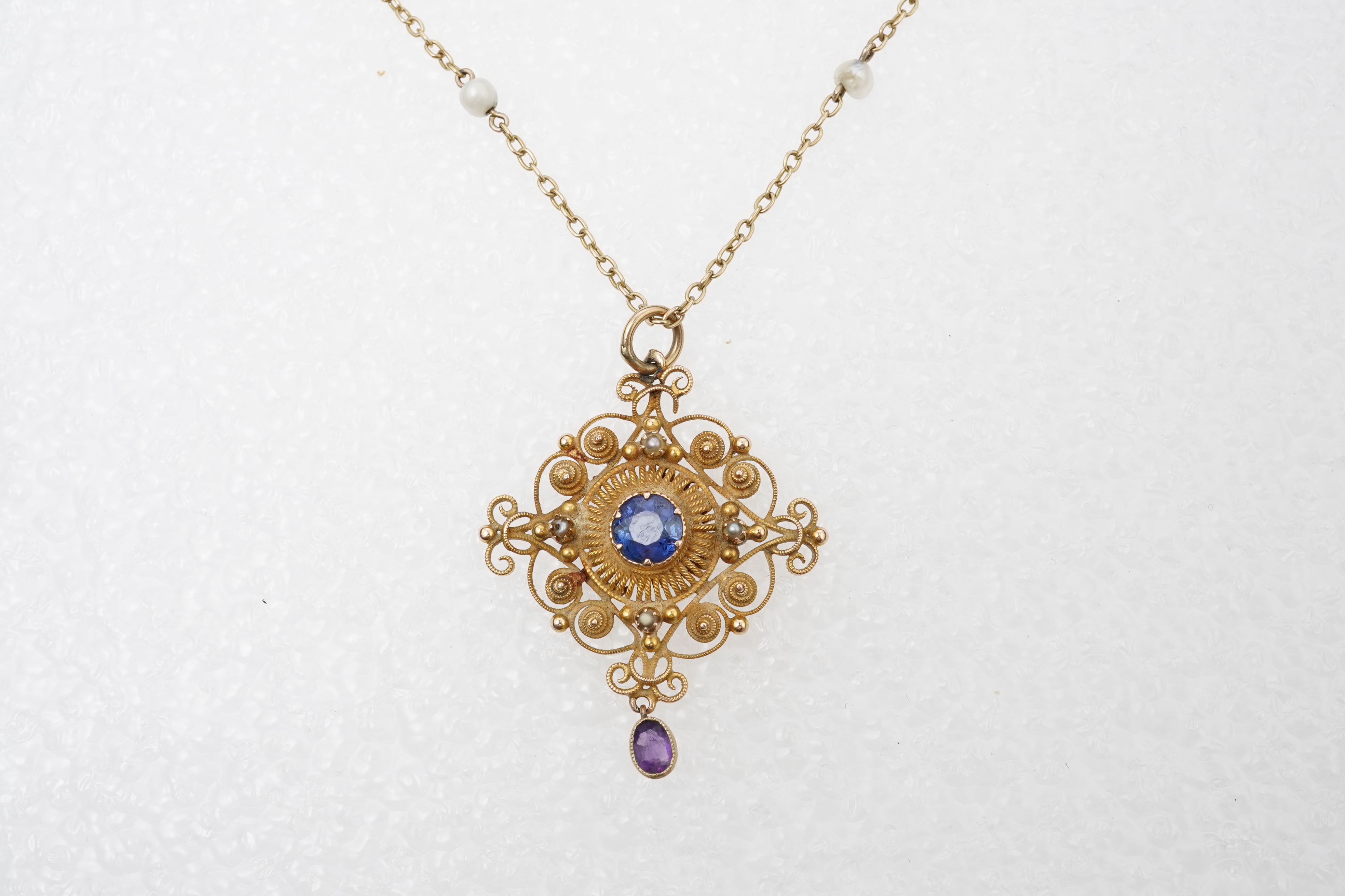 A sapphire, amethyst and pearl pendant necklace, late 19th century